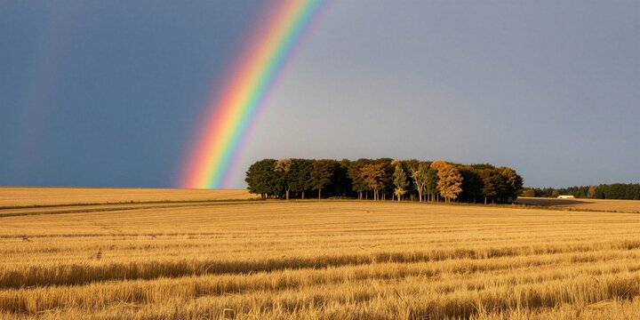 Golden wheat field after harvest under dark stormy sky with bright rainbow arc. Row of green trees forms a line against horizon. Rural landscape.