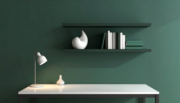 Minimalist interior design featuring a scholar desk with floating shelves against a dark green wall for a modern home office background
