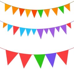 Fototapeta premium Colorful bunting flags hanging on strings for party decorations and festive celebrations