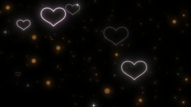 Glowing hearts and golden fireworks floating in a dark night sky with bokeh light effects