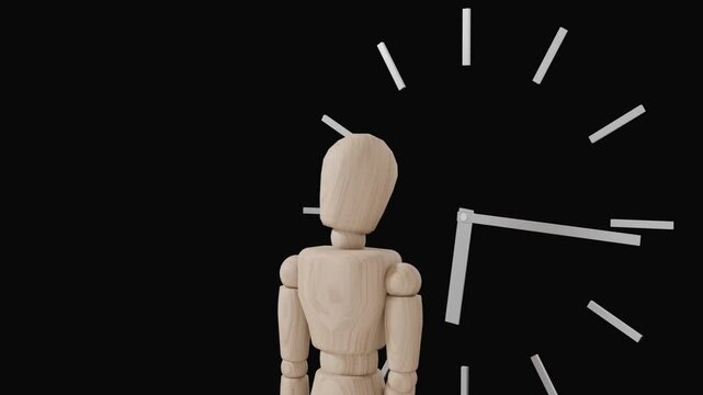 Time is over concept, wooden mannequin standing in front of clock, deadline and mortality symbol