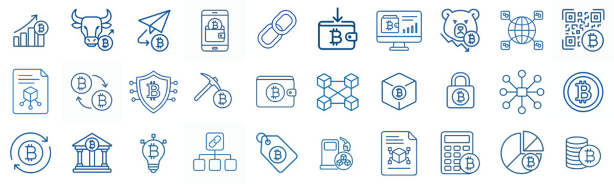 minimalist line art vector icon Cryptocurrency & Blockchain (Bitcoin) in blue