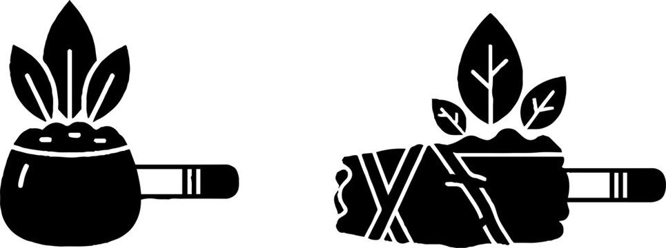 Black and white illustration of traditional mortar and pestle with leaves.