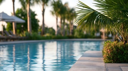 Fototapeta premium A tranquil resort pool bordered by lush palm trees and manicured shrubs under soft morning light