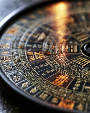 Ancient compass with sunlight on carved wooden surface, macro detail of circular directional symbol and clean bright copy space