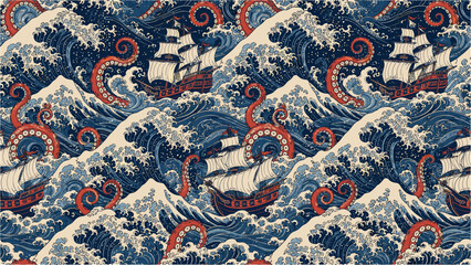 Obraz premium Sailboat graphic design illustrates a dramatic maritime scene with a ship battling a giant sea monster amidst massive ocean waves.