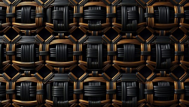 Seamless black and gold rattan cane weave pattern