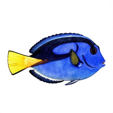 Blue surgeonfish painted in watercolor. Bright tropical aquarium animal with yellow tail and blue fin. Marine life illustration on white background.