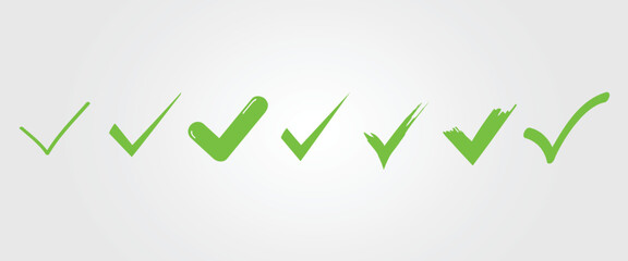 Set of simple green tick mark icons with tick symbol vector illustrations © Ashes Studio