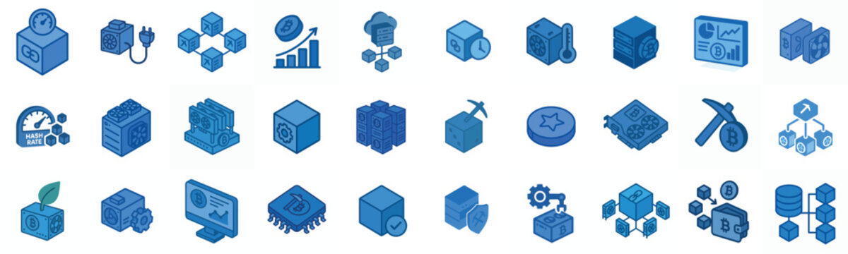 minimalist isometric vector icon Cryptocurrency and Blockchain Mining in blue