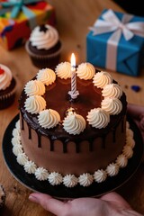 Fototapeta premium Chocolate birthday cake with single lit candle awaits wishes. Cupcakes and wrapped gifts surround dessert on wood table. Joyful intimate celebration scene.
