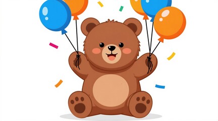 Fototapeta premium Cute cartoon bear holds colorful balloons, confetti falls around. Art for kid party, birthday, holiday designs. Cheerful character, happy celebration element for graphics. Fun illustration, playful