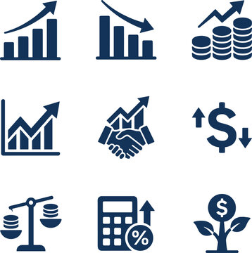 Financial growth icons set, business data bar charts and money coin stacks, investment success and market analysis vector graphics
