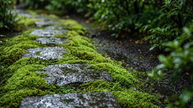 Close-up of wet green moss growing between stone pavers in a Japanese garden during summer rain