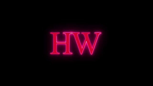 Neon letters hw glowing in vibrant pink color on dark background abstract motion graphic
