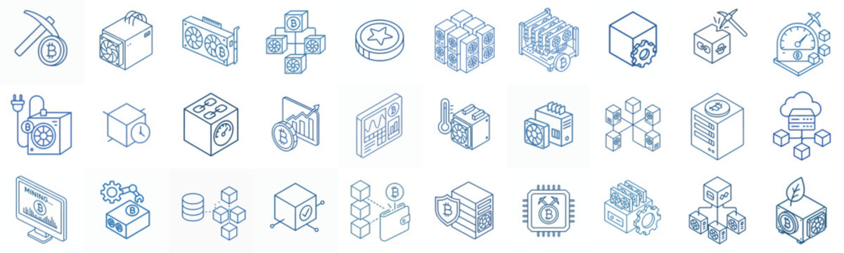 minimalist isometric line art vector icon Cryptocurrency and Blockchain Mining in blue