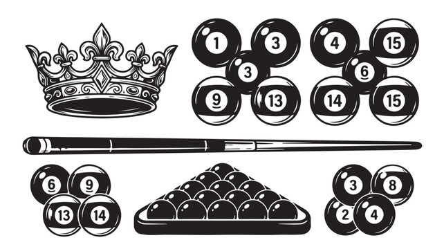 Vintage billiard elements set with royal crown and pool balls, monochrome snooker cue and ball rack vector, classic sports club graphics