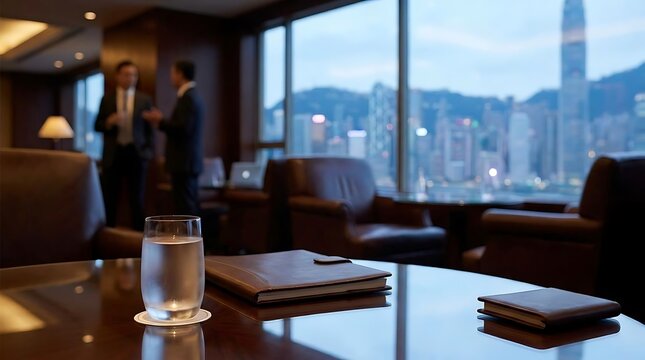 Luxury office lounge overlooking illuminated city skyline at night.