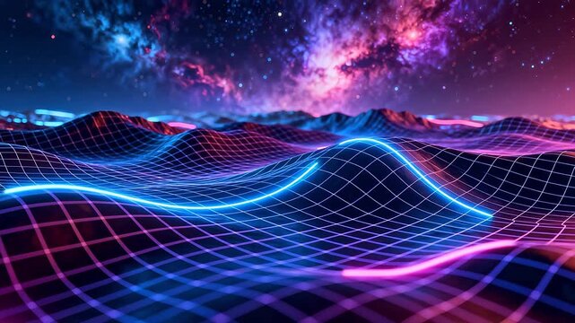 Neon grid landscape under starry sky