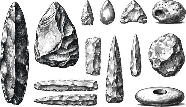 Vintage Prehistoric Stone Age Artifacts Vector Set Featuring Detailed Engravings of Hand Axes, Spearheads, Arrowheads, and Flaked Flint Tools for Archeology Display Designs