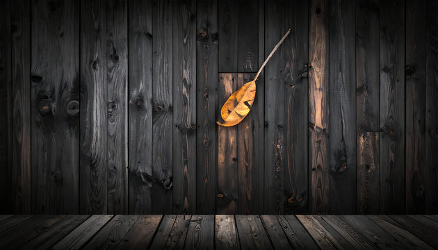 weathered dark wood planks, autumn leaf falling, rustic texture background, natural elements, fall season, vintage atmosphere