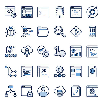 A collection of software development and programming line icons