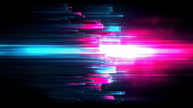 Futuristic cyberpunk light streaks with neon pink and cyan digital fast motion glitch effect