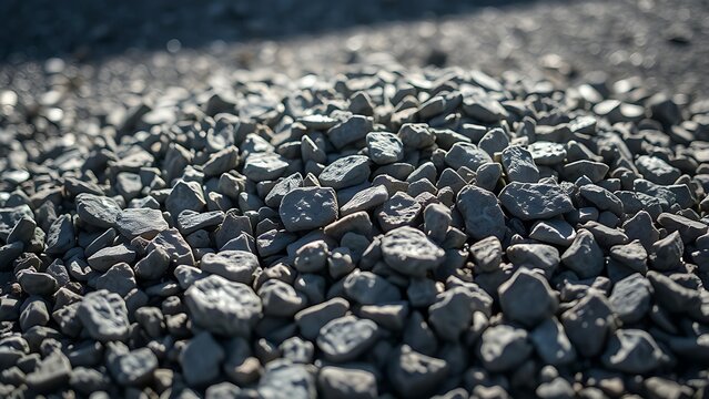 A pile of metallic-gray crushed stones on the ground, glinting under harsh sunlight.