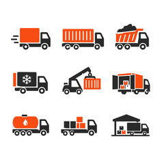 Fototapeta premium Collection of orange and black delivery truck icons representing logistics, transport, shipping, and cargo services on a clean white background.