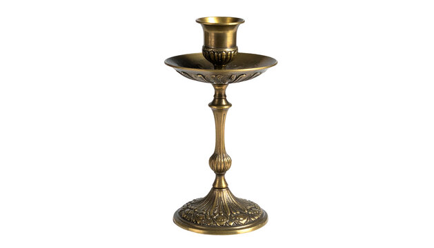 Ornate, antique golden candlestick with a wide base on a dark background