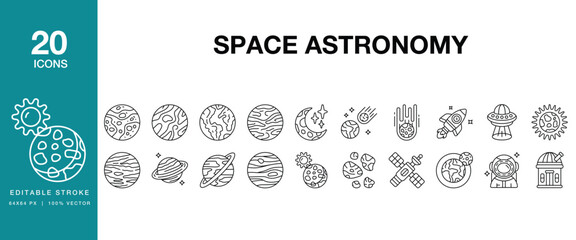 Space Astronomy icon set. Includes space, astronomy, galaxy, universe, cosmos and More. Editable Stroke Icon Collection. © SpaceFabric