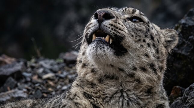 Creative Close-up of snow leopard face, wild cat, spotted fur, rocky habitat, wildlife portrait 2k