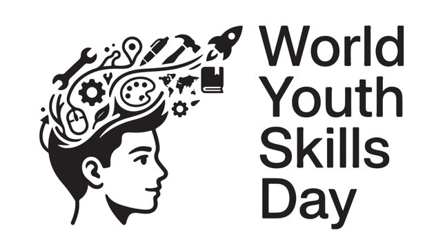 World Youth Skills Day vector illustration, creative young man profile with career icons, professional development and vocational training concept
