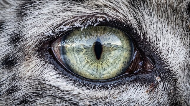 Creative Close-up of snow leopard eye, green yellow iris, wild animal face, fur texture 2k