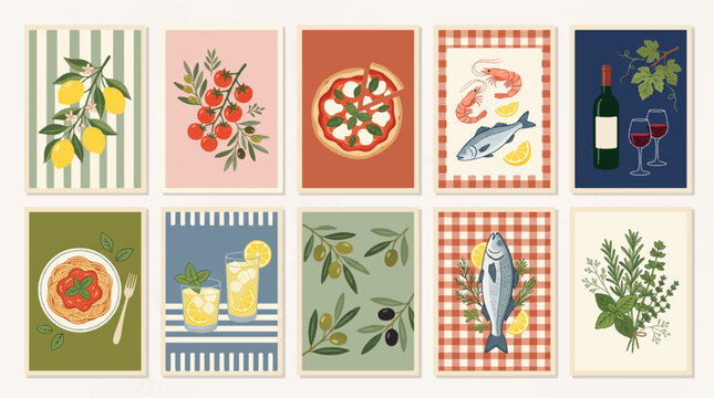 Collection of 10 Retro Mediterranean Food Posters with Pizza Pasta Wine and Seafood for Vintage Kitchen Wall Decor and Restaurant Menu Design

