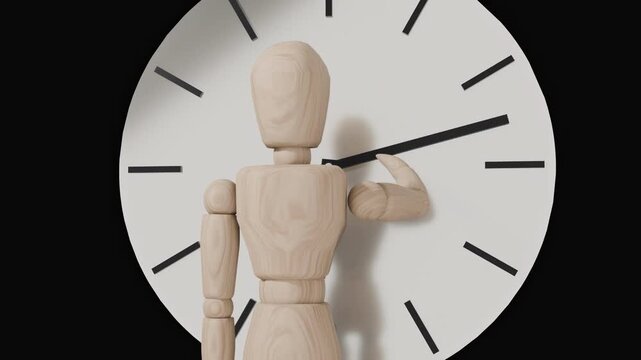 Stop time concept, wooden mannequin stopping clock hands, control over time and life moment