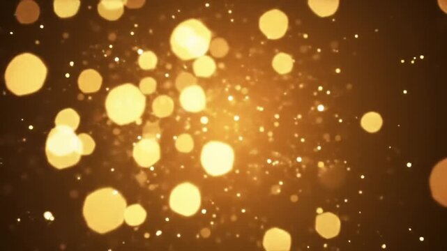 Gold bokeh lights and floating particles on warm background