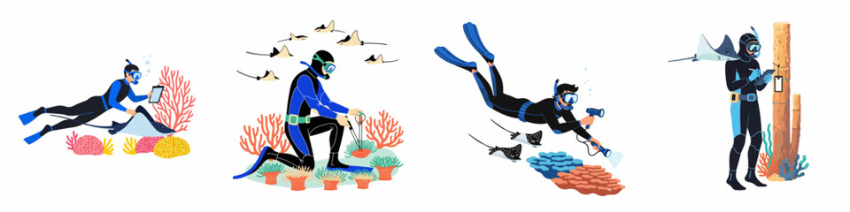 A collection of four illustrations depicting professional scuba divers conducting marine research among stingrays and vibrant coral reefs in the deep ocean. © Muqodimatul