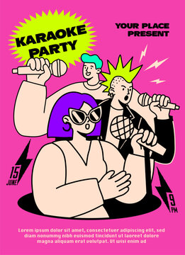 Karaoke Party Poster Template with Trendy Y2K Cartoon Characters. Retro Pop Art Music Event Flyer, Singing Club Night and Bar Concert Invitation. Vector Illustration