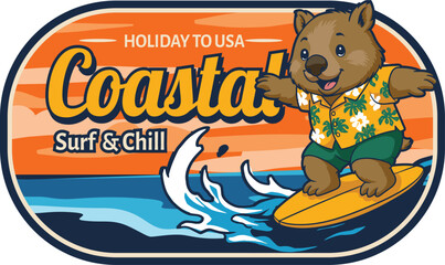 Cute cartoon wombat mascot character surfing on a sea wave wearing a tropical aloha shirt inside an oval coastal vacation badge © harrisaputra