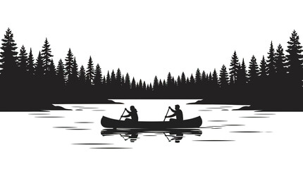 Couple canoeing on a serene lake, surrounded by pine forest silhouette © jono