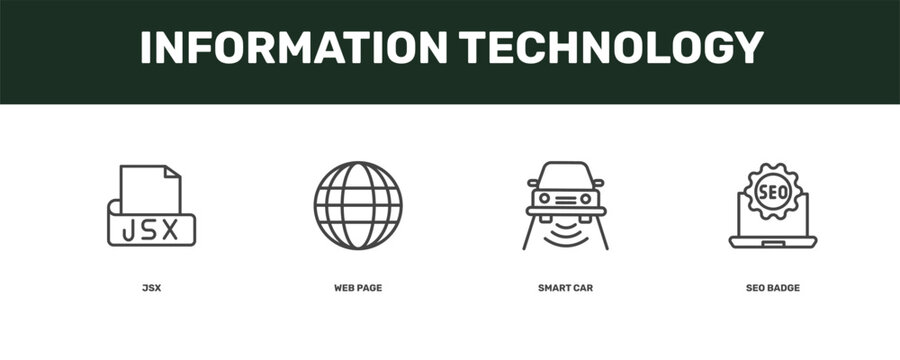 information technology icon set with jsx, web page, smart car, seo badge signs in flat outline style