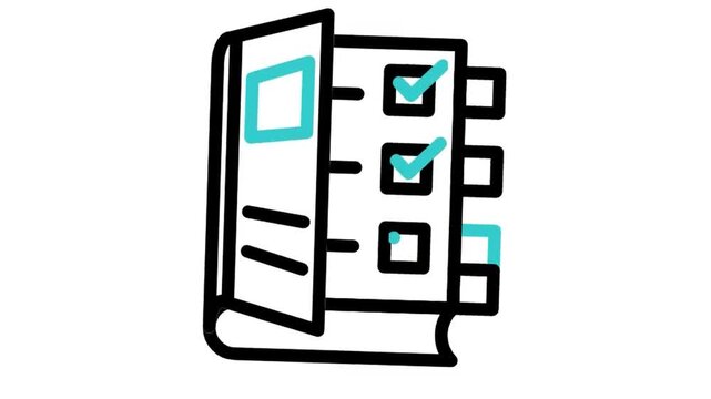 Animated checklist notebook icon loop motion graphic, task planning and office journal book symbol, isolated on white background