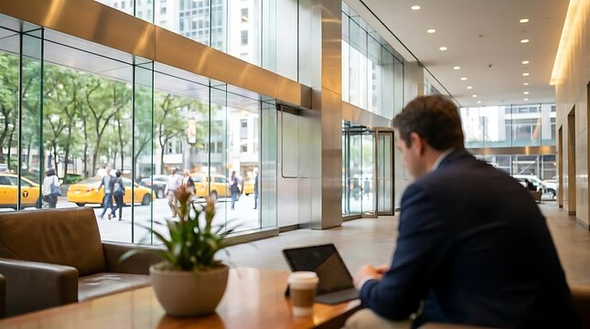 Man working on laptop in luxury lounge