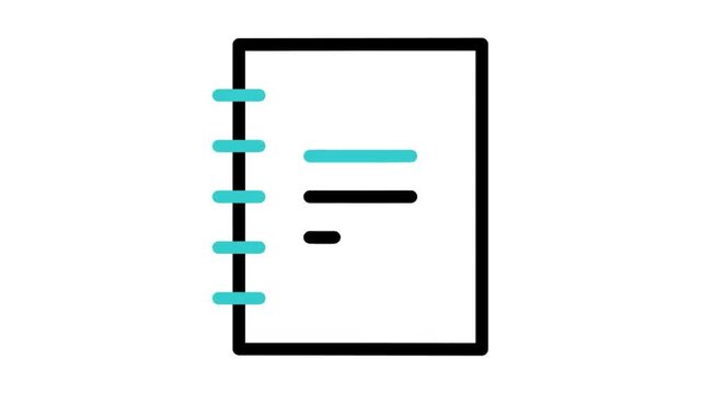 Animated spiral notebook flipping icon loop motion graphic, education notepad and reading journal symbol, isolated on white background
