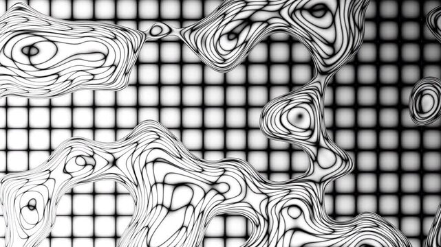 This video features a smooth, looping animation of monochrome wavy lines and three-dimensional organic shapes. High-contrast black and