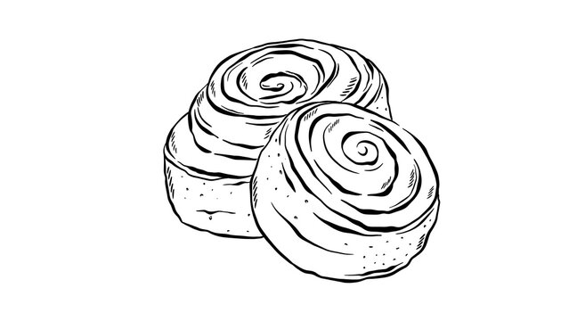 Minimalist black and white line art illustration of two sweet cinnamon rolls in a hand-drawn doodle style, isolated on a transparent background.