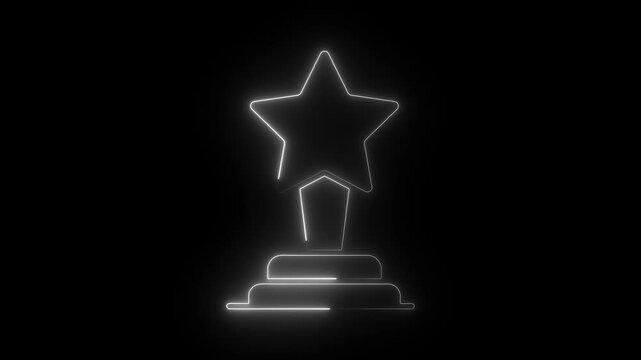 Glowing neon star trophy animation, success and achievement concept, minimalist line motion on black background
