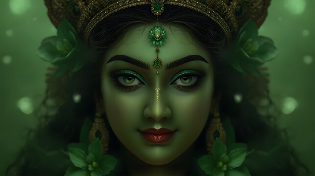 Divine Hindu Goddess Portrait with Traditional Crown and Green Glow