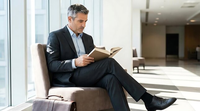 Mature businessman reading book in office lounge chair.